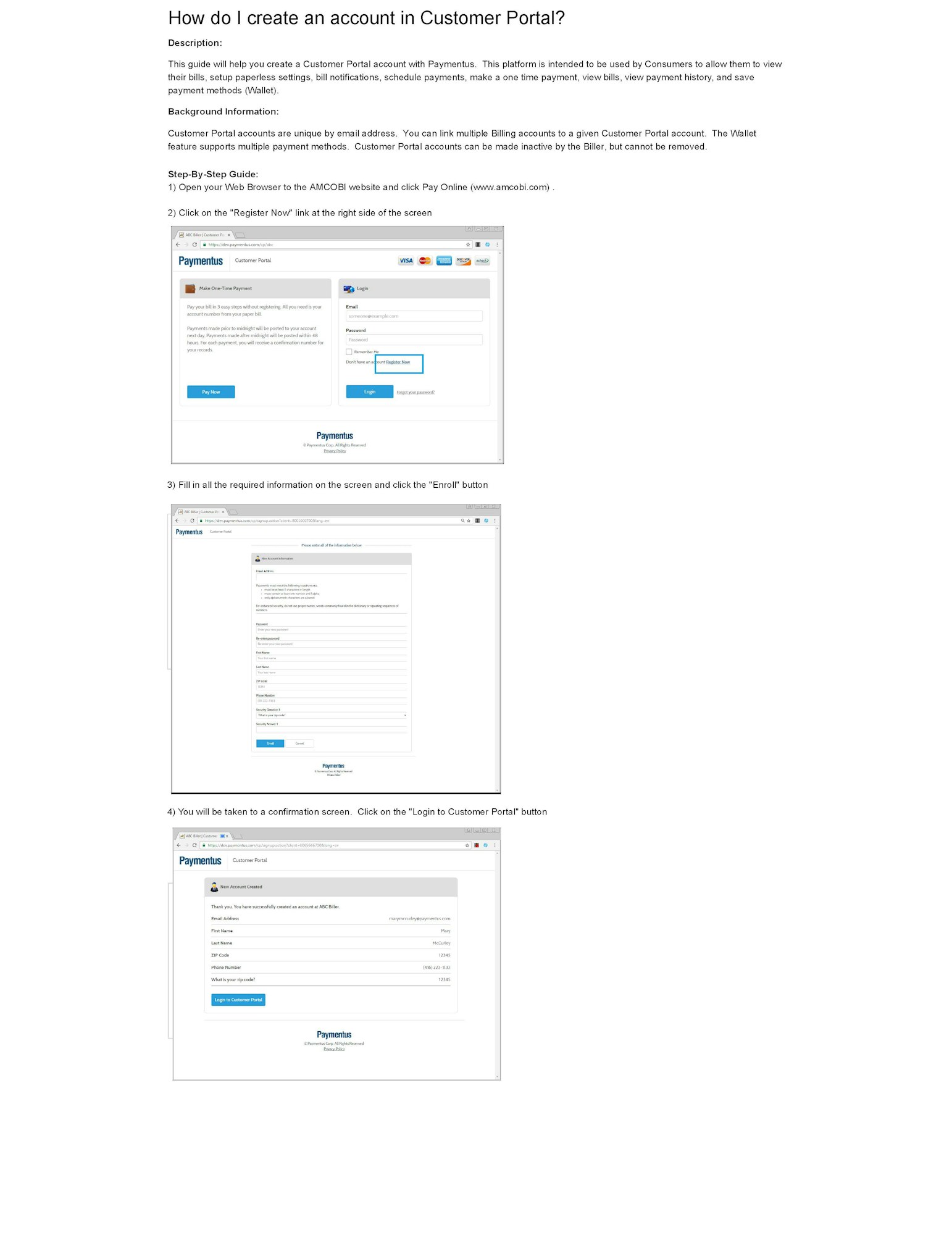 Guide for creating a Customer Portal account on AMCOBI's site, filling forms, and confirming registration.