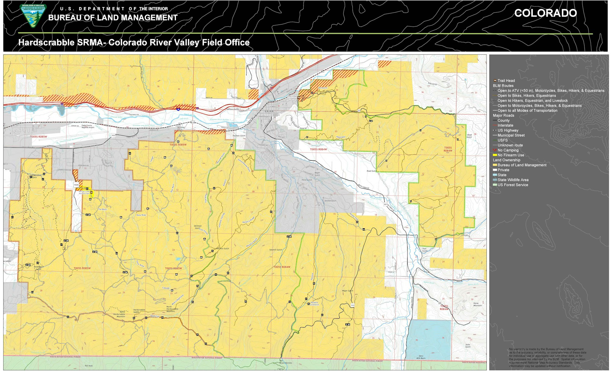 Map of Hardscrabble SRMA, Colorado with trails, roads, and land management areas highlighted.