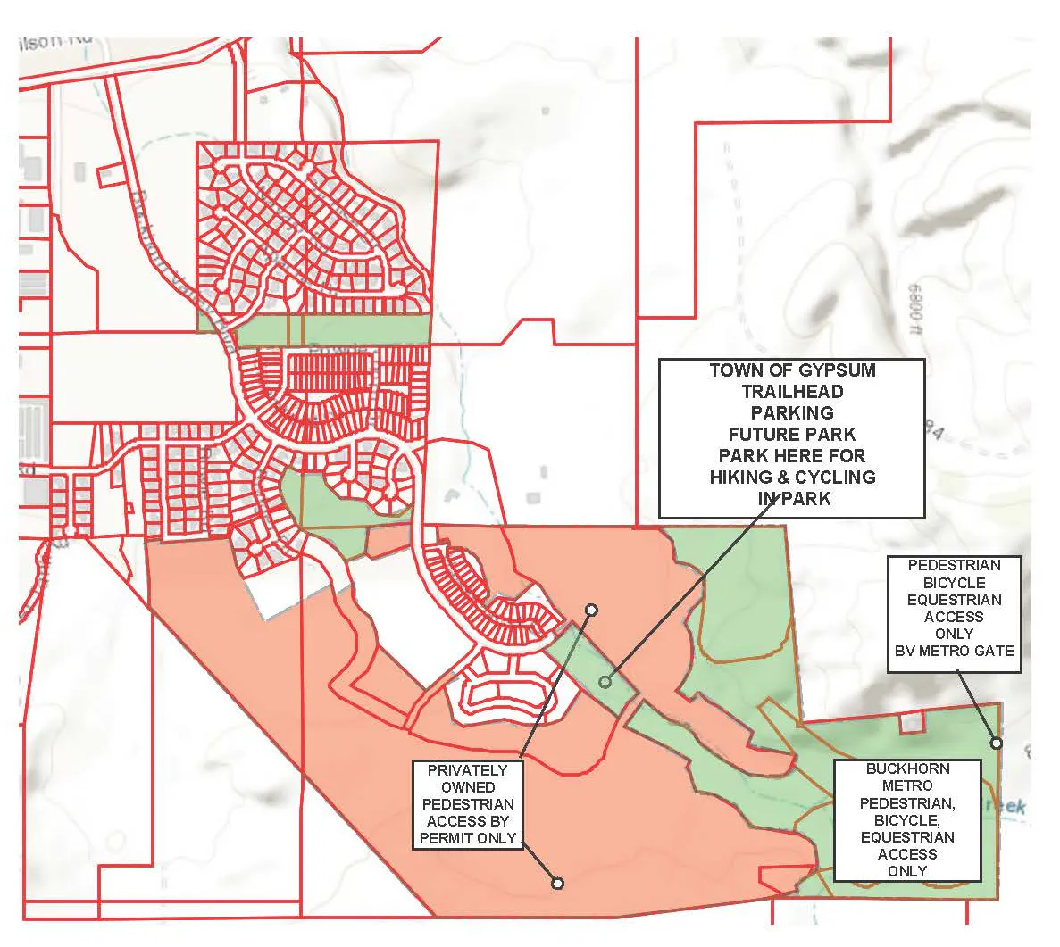 Map of Gypsum with trailhead locations, future park area, and access notes for pedestrians, cyclists, and equestrians.