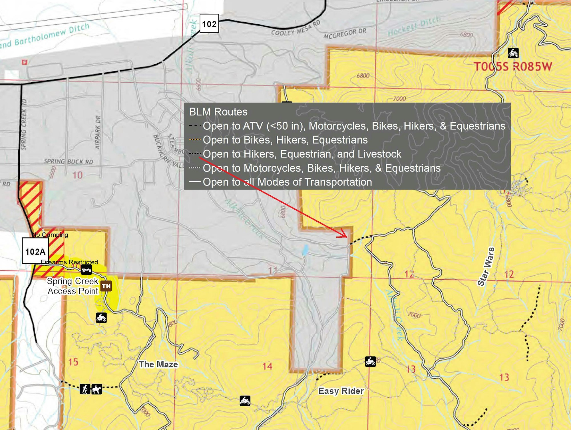 Map showing BLM routes for various activities: ATVs, motorcycles, bikes, hikers, equestrians, and livestock access.