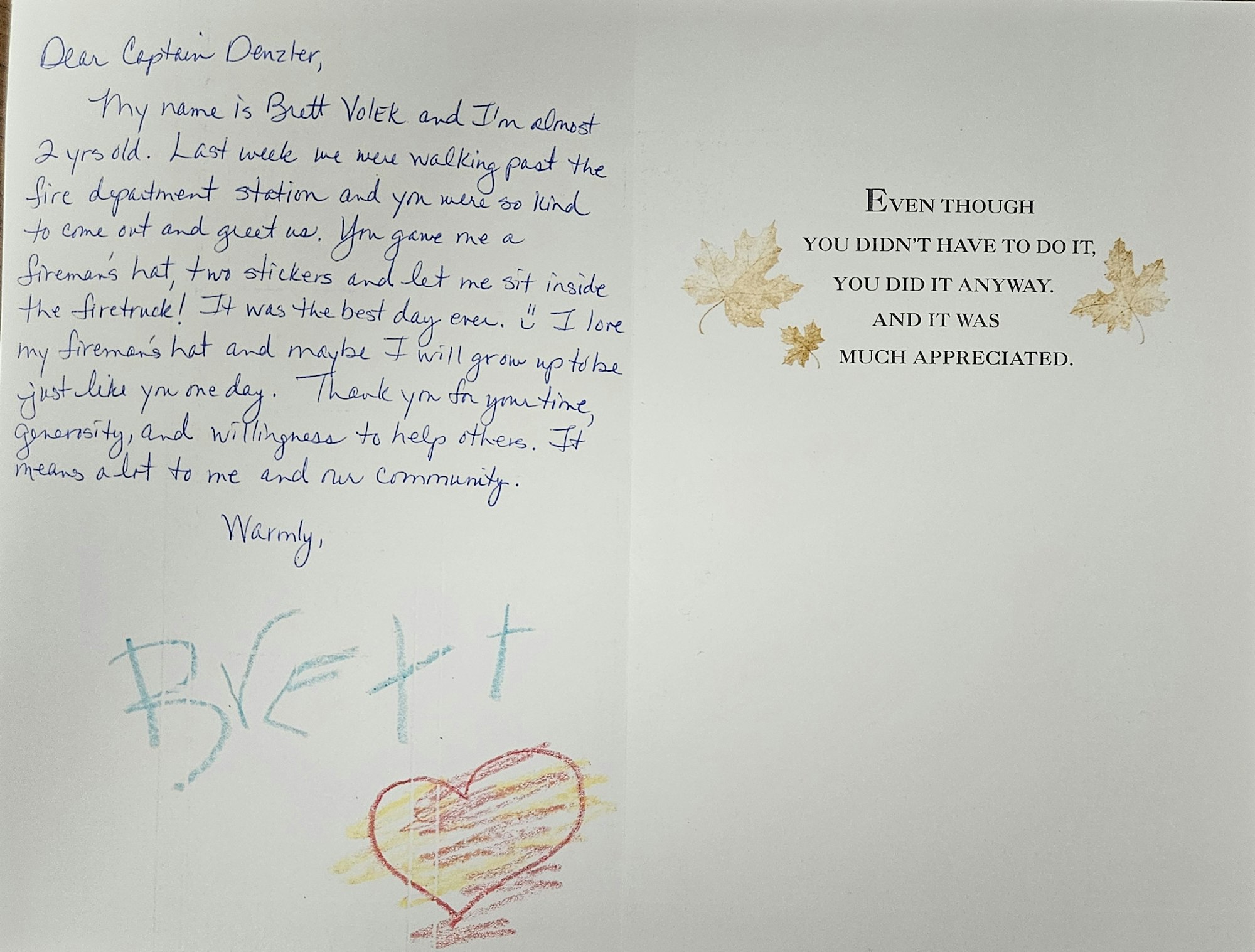 A thank you card to Captain Denzler from Brett, a child, expressing gratitude for a fire station visit. Decorated with leaves.