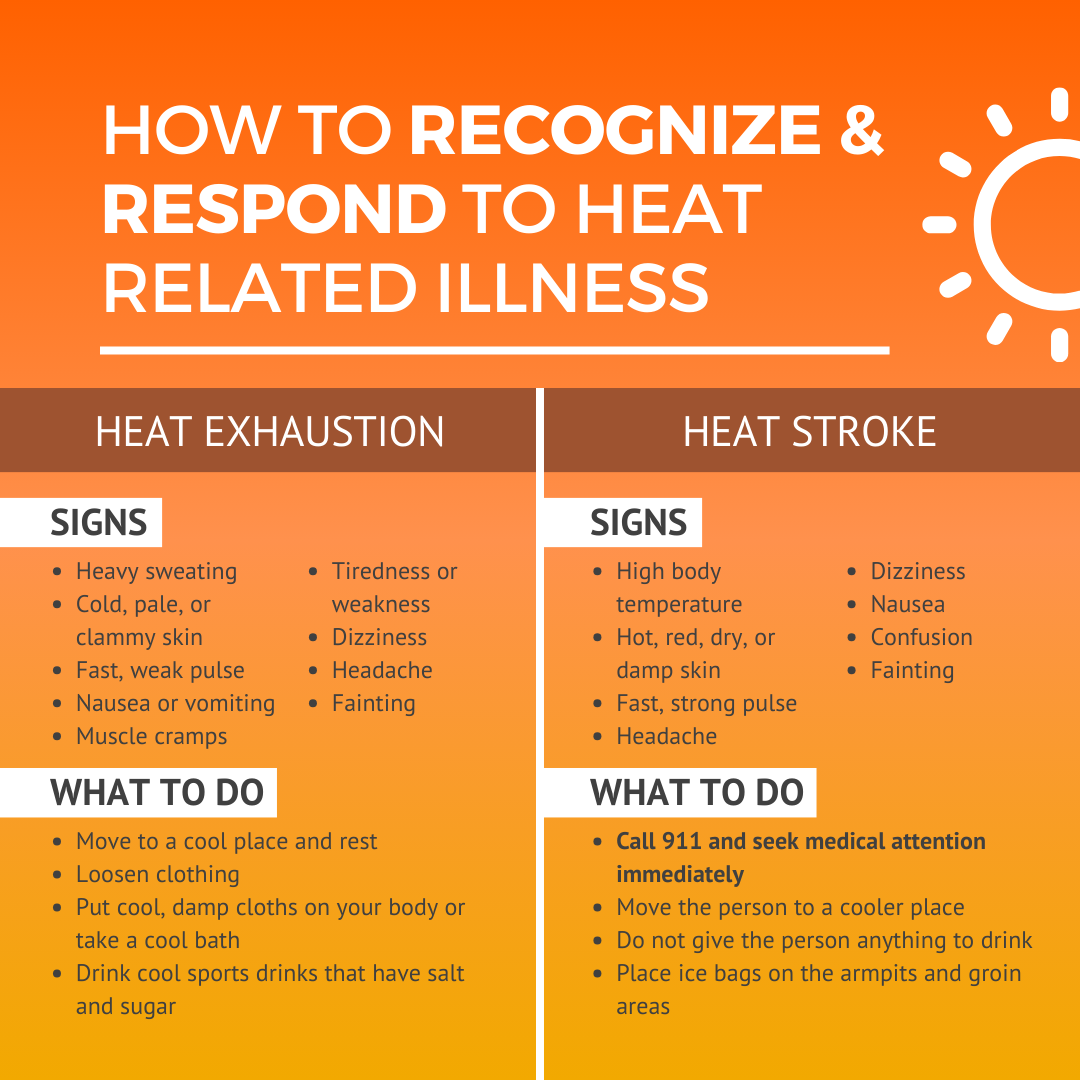 Heat-related illness guide: Heat Exhaustion (cool place, hydrate) vs Heat Stroke (call 911, cool quickly). Signs listed for both.