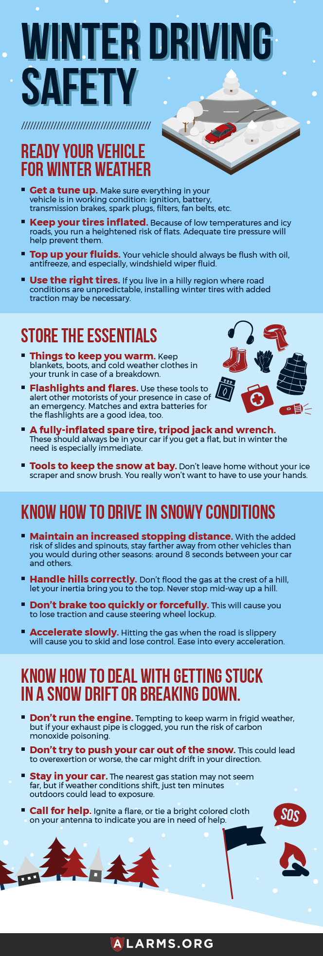 Tips for winter driving safety, vehicle prep, essentials to store, driving in snow, handling breakdowns, and staying safe.