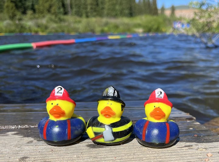 Three rubber ducks dressed as firefighters on a dock, with a lake and trees in the background.