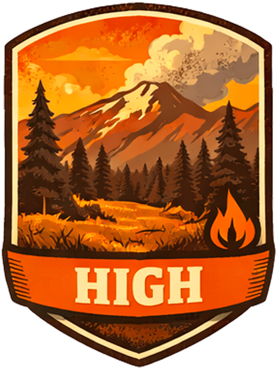 A stylized badge featuring a mountain scene with trees, clouds, and a flame symbol, labeled "HIGH" at the bottom.