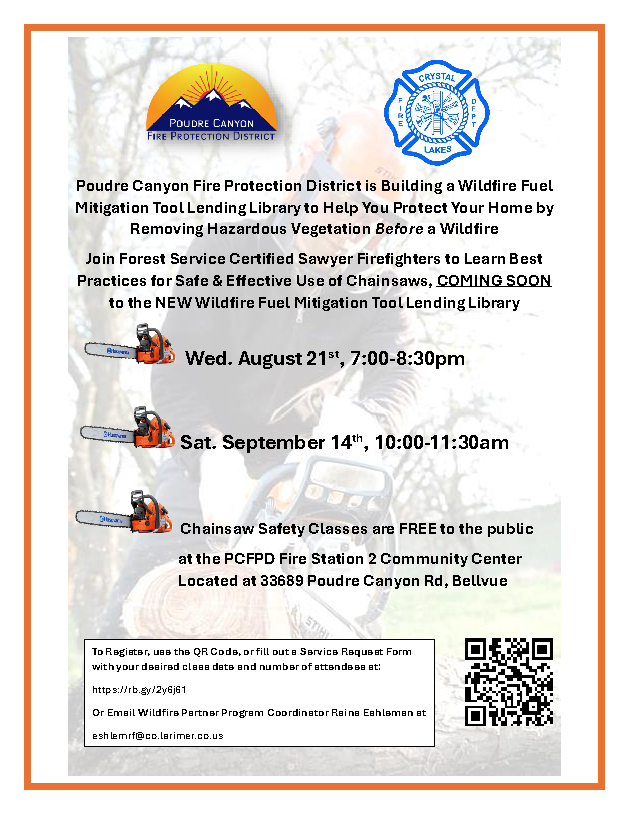 The image shows a flyer for a Chainsaw Safety Class event by the Poudre Canyon Fire Protection District, with dates, times, location, and registration information.