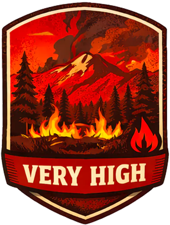 The image features a badge indicating a "Very High" fire danger level, with a volcanic background and flames.