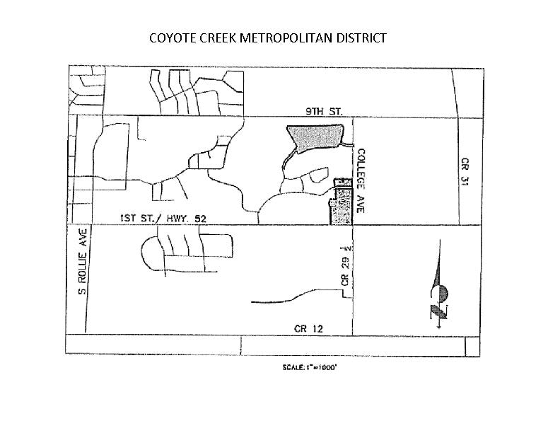 A map of the Coyote Creek Metropolitan District, generally located south of 9th Street and north of Highway 52 in Fort Lupton, Colorado