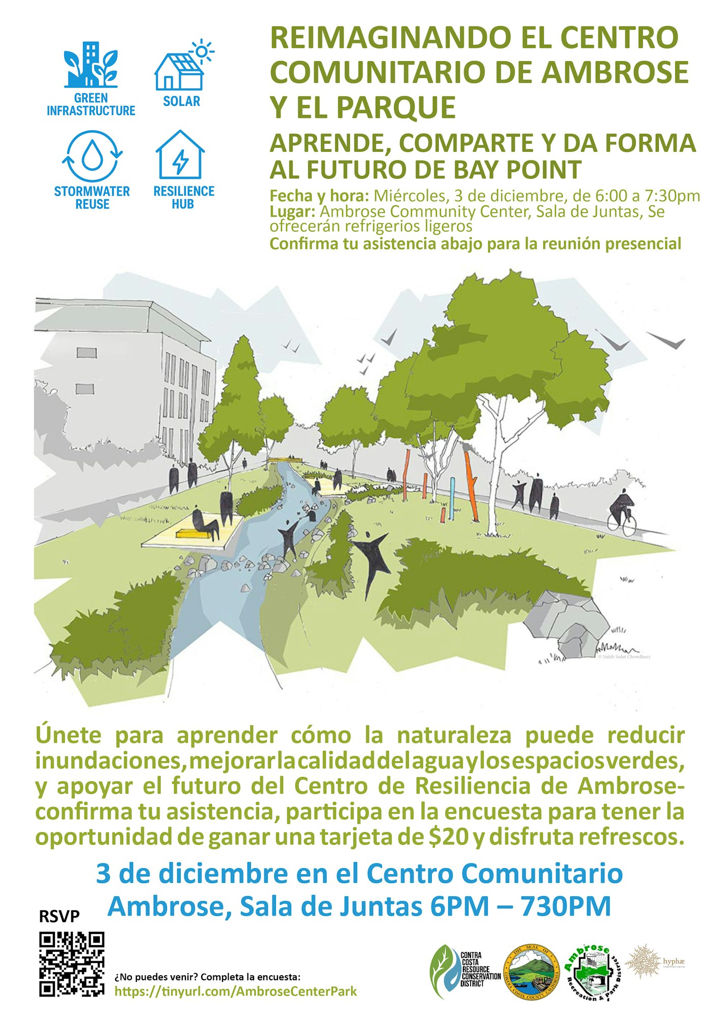 The image promotes a community meeting on December 3rd about improving Ambrose Community Center and Bay Point park, with refreshments available.