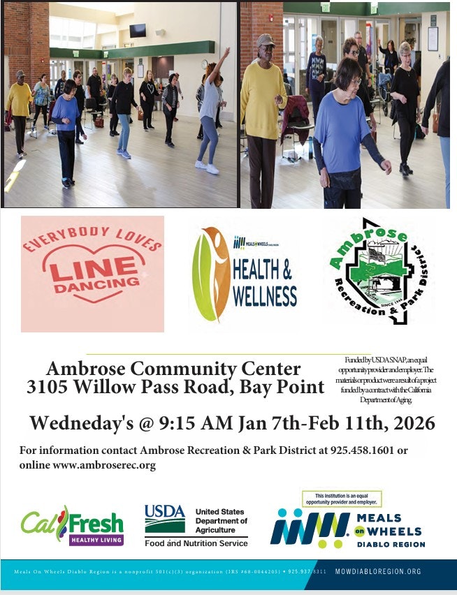 Line dancing event at Ambrose Community Center, Bay Point, every Wednesday at 9:15 AM from Jan 7 to Feb 11, 2026.