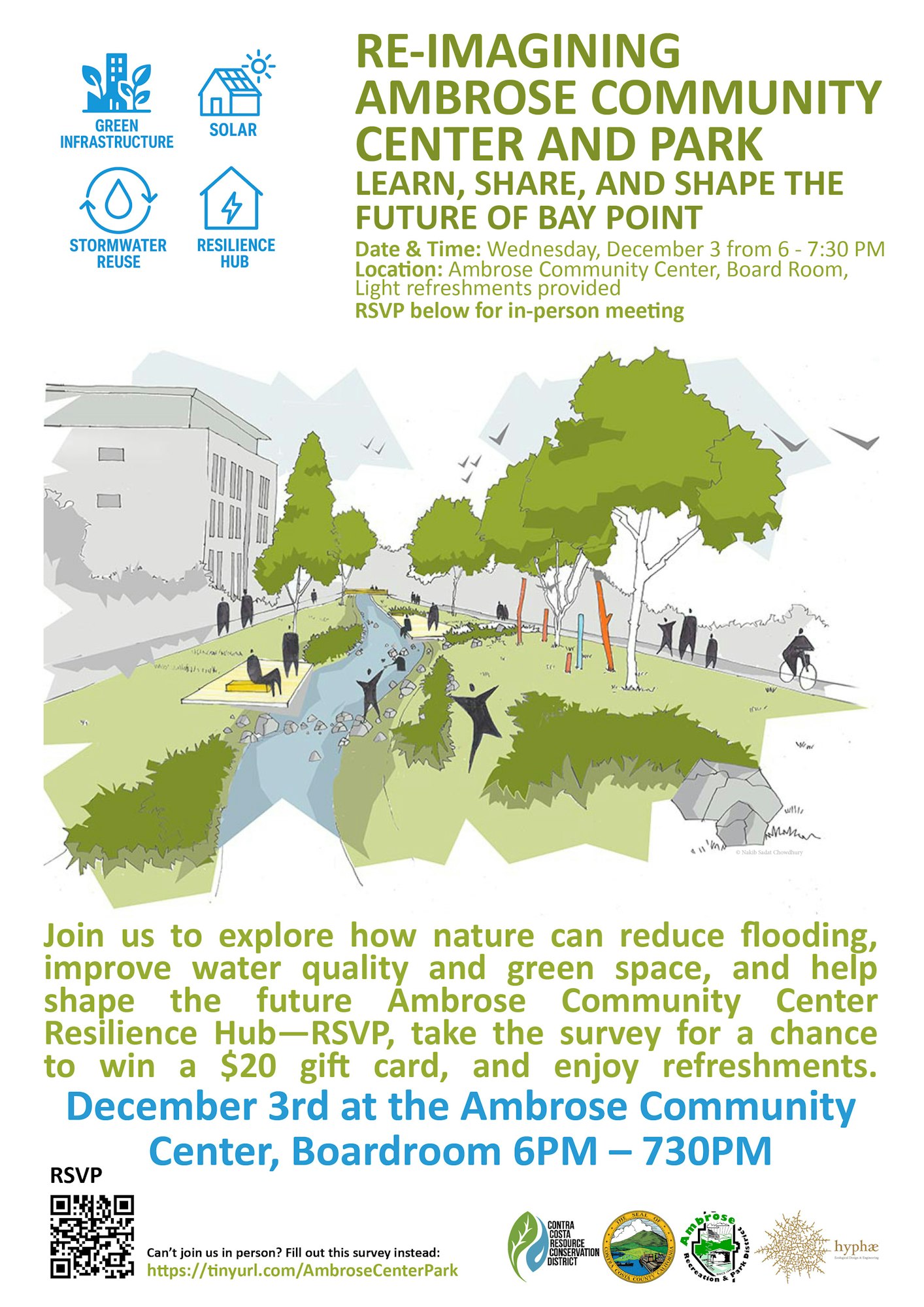 Community meeting on December 3rd to discuss improvements for Ambrose Community Center and Park, with light refreshments. RSVP!