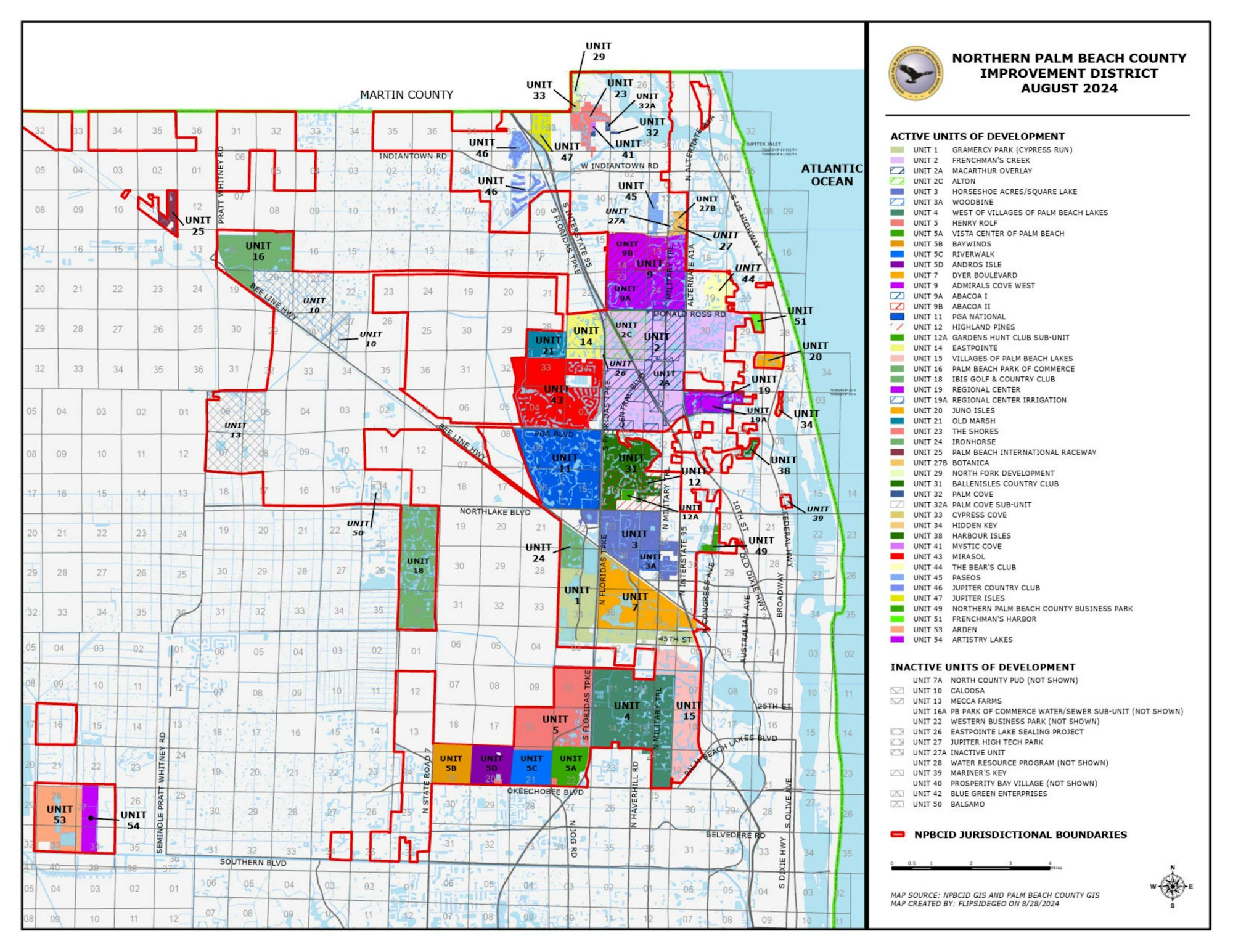 A color-coded map marking development units in Northern Palm Beach County with a legend and boundaries.