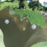 Aerial view of a heart-shaped pond surrounded by greenery.