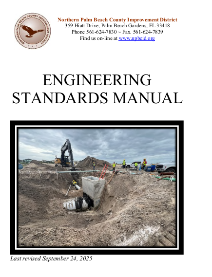 Cover of an Engineering Standards Manual with a construction site image, labeled for Northern Palm Beach County Improvement District.