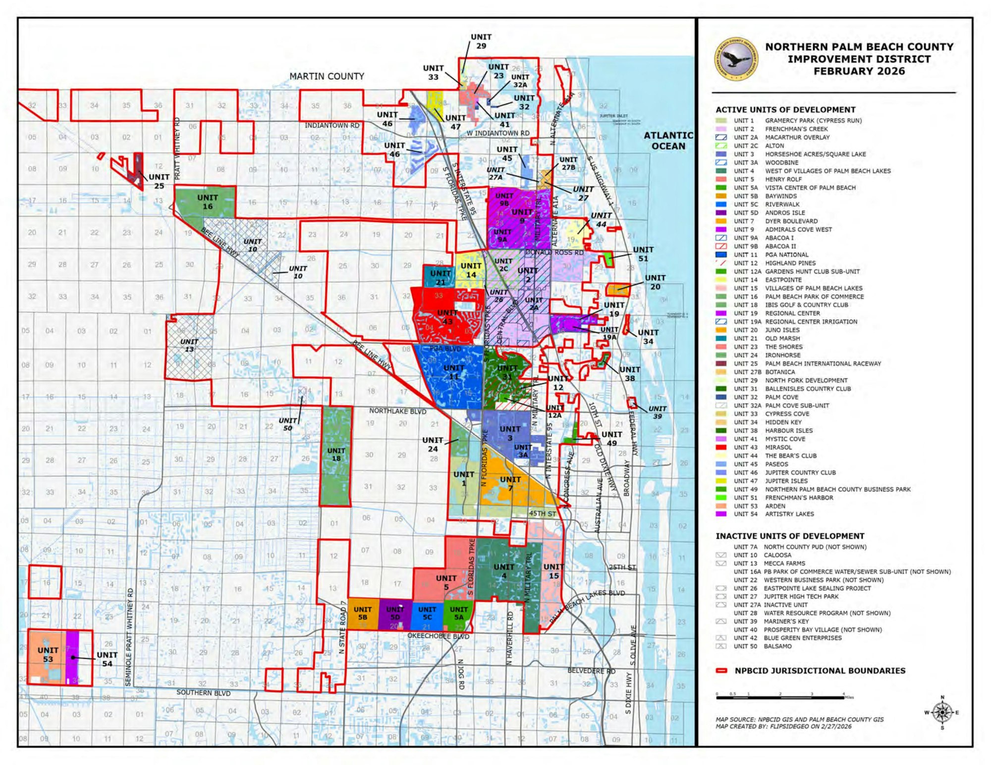 The image is a map of Northern Palm Beach County, showing active and inactive development units and jurisdictional boundaries.
