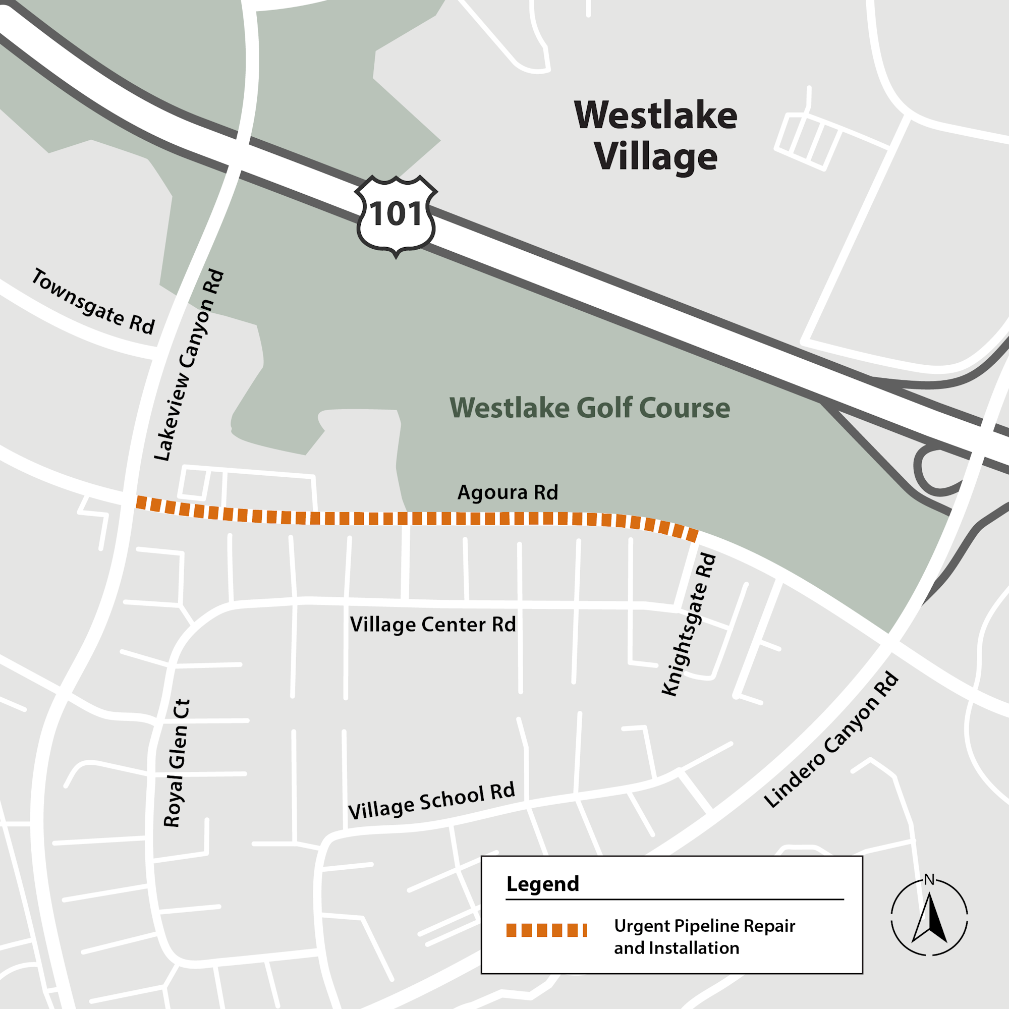 Map of Westlake Village highlighting Agoura Rd for urgent pipeline repair and installation, near Westlake Golf Course.