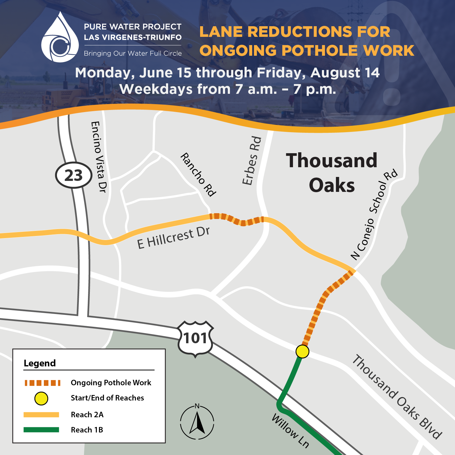 Map showing lane reductions for pothole work in Thousand Oaks from June 15 to August 14, weekdays 7 a.m. - 7 p.m.