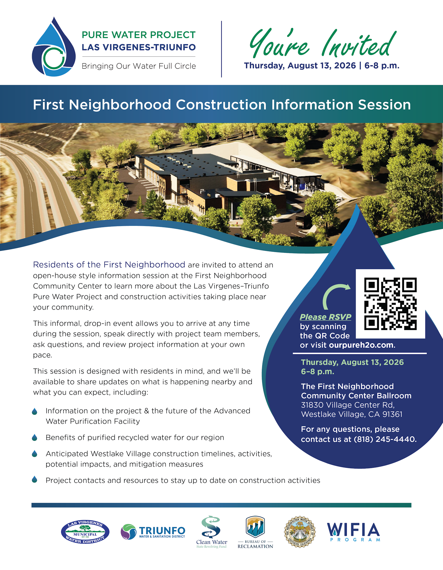 Invitation to a community info session about the Pure Water Project on August 13, 2026, from 6-8 p.m. at the First Neighborhood Community Center.