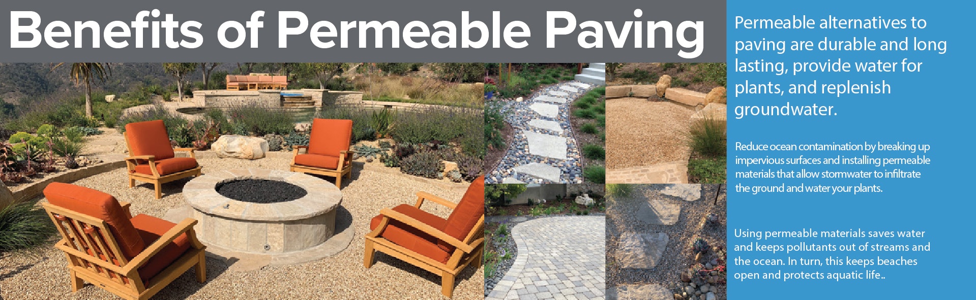 Benefits of permeable paving: durable, replenishes groundwater, reduces contamination, saves water, protects beaches and aquatic life.