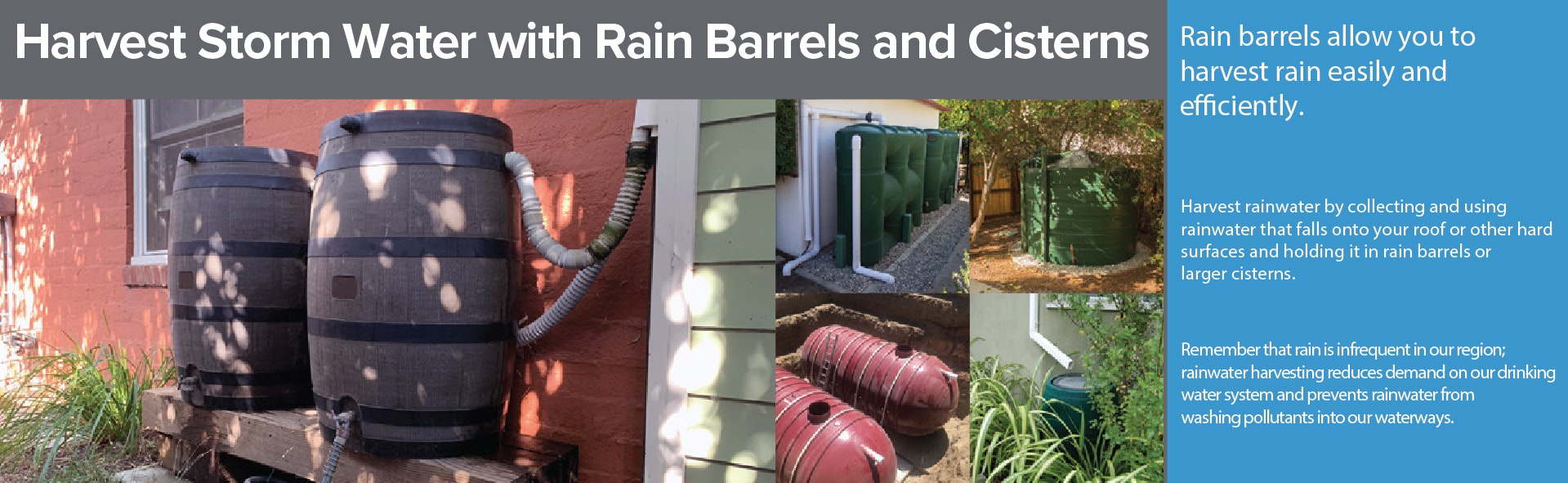 Rainwater harvesting with barrels/cisterns. Text explains benefits: efficiency, reduced water demand, and pollution prevention.
