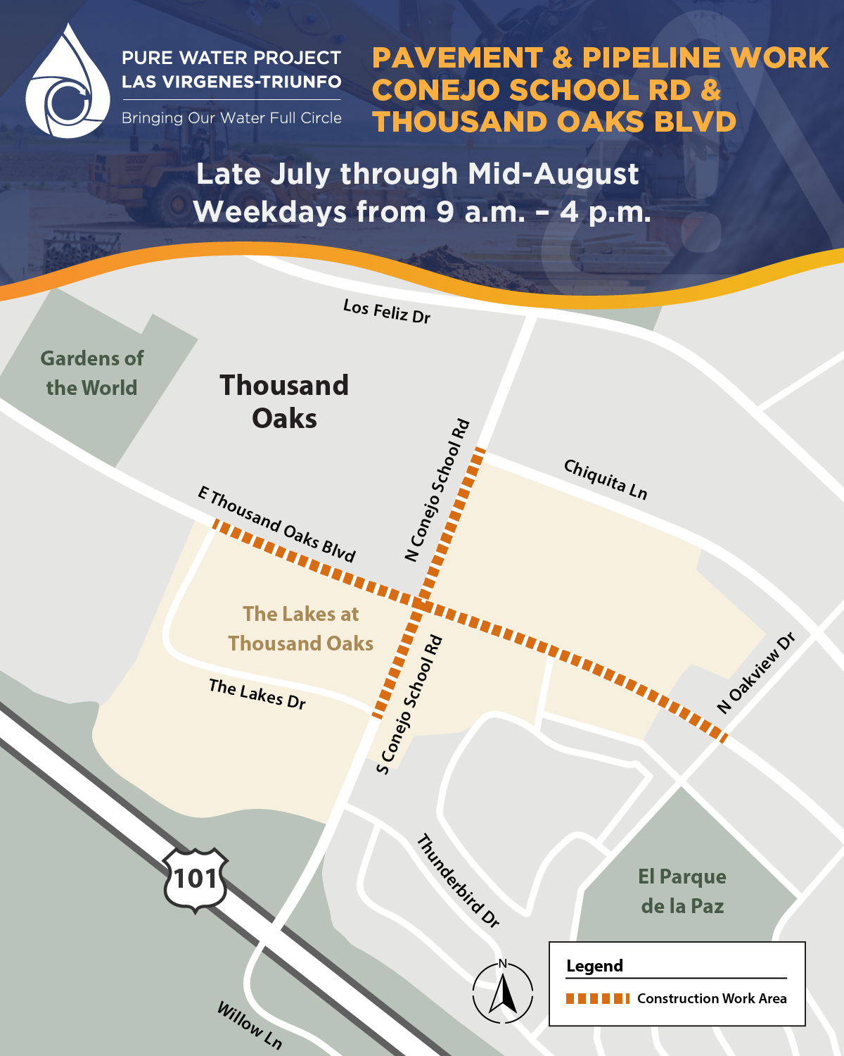 Map showing pavement and pipeline work on Conejo School Rd & Thousand Oaks Blvd, late July to mid-August, weekdays 9 a.m. - 4 p.m.