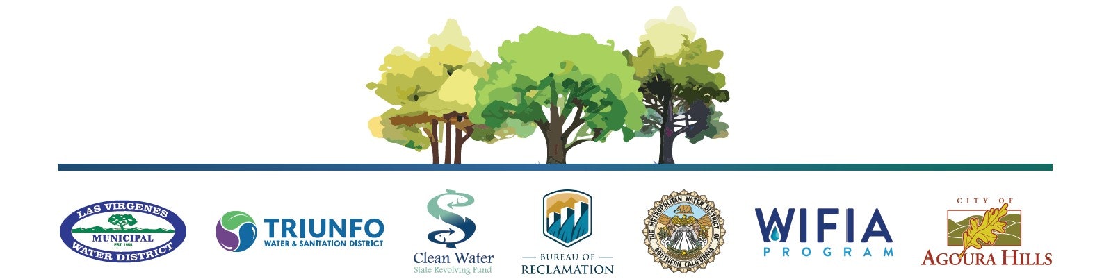 Illustration of trees above logos of water-related organizations and agencies, including Las Virgenes MWD, Triunfo, and others.