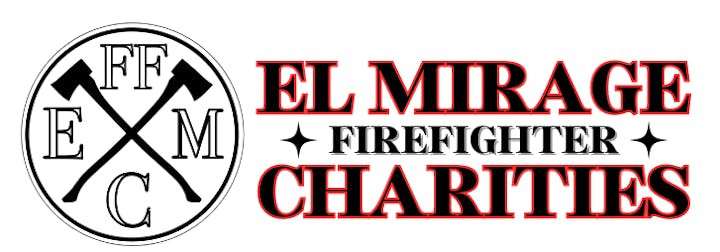 Logo with crossed axes and letters "E F F M C" and text "El Mirage Firefighter Charities" in bold red and black.
