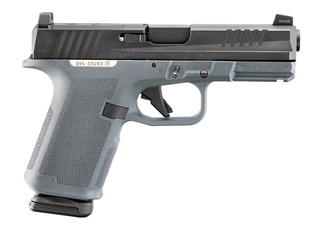 A semi-automatic pistol with a gray grip and black slide.