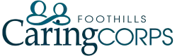 Logo of Foothills Caring Corps with stylized text and figures.