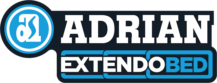 Adrian Extendo Bed logo with a stylized "a" icon and bold typography in blue and white.
