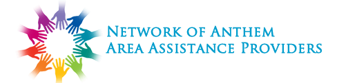 Logo with colorful hand silhouettes forming a circle and text "Network of Anthem Area Assistance Providers" on the right.