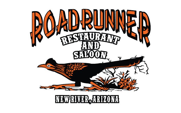 Roadrunner Restaurant and Saloon logo with roadrunner graphic, located in New River, Arizona.