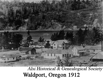 Historic B&W photo of Waldport, Oregon, 1912 with houses, trees, and a river.