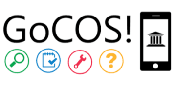Text "GoCOS!", icons for search, notepad, tools, help, and a phone with a building symbol.