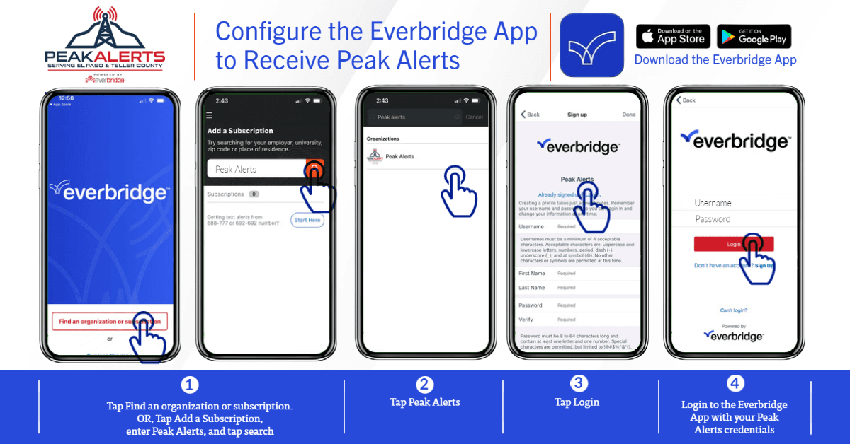 Guide to configure the Everbridge App for Peak Alerts with step-by-step phone screen instructions.