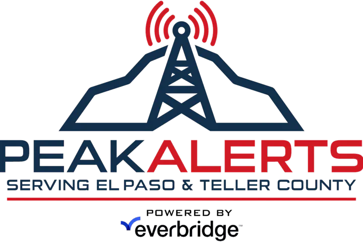 Logo for Peak Alerts, serving El Paso & Teller County, powered by Everbridge. Features a mountain and radio tower.