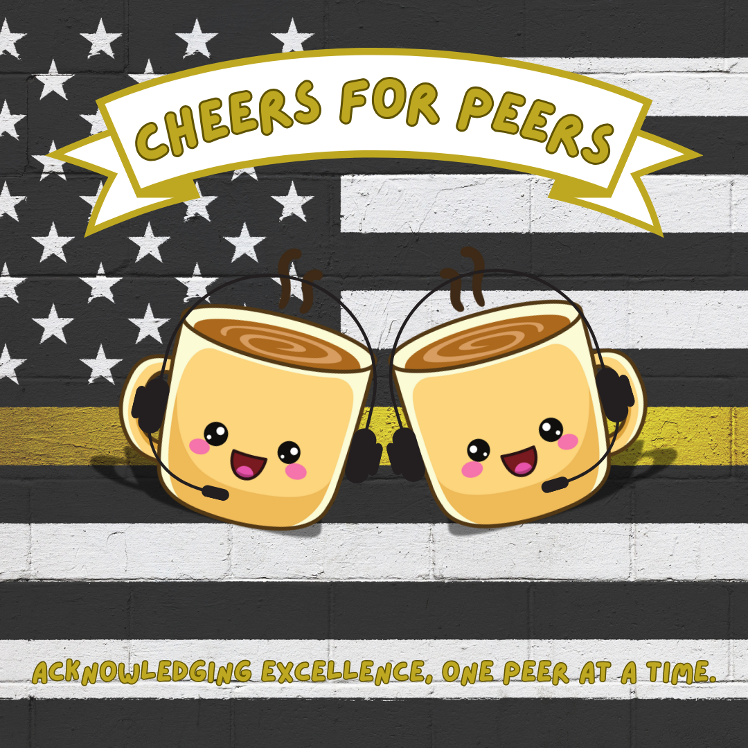 Cute mugs with headsets on a flag, text "CHEERS FOR PEERS" and "ACKNOWLEDGING EXCELLENCE, ONE PEER AT A TIME."