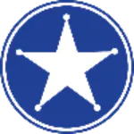 A white star with five points inside a blue circle with a white border.