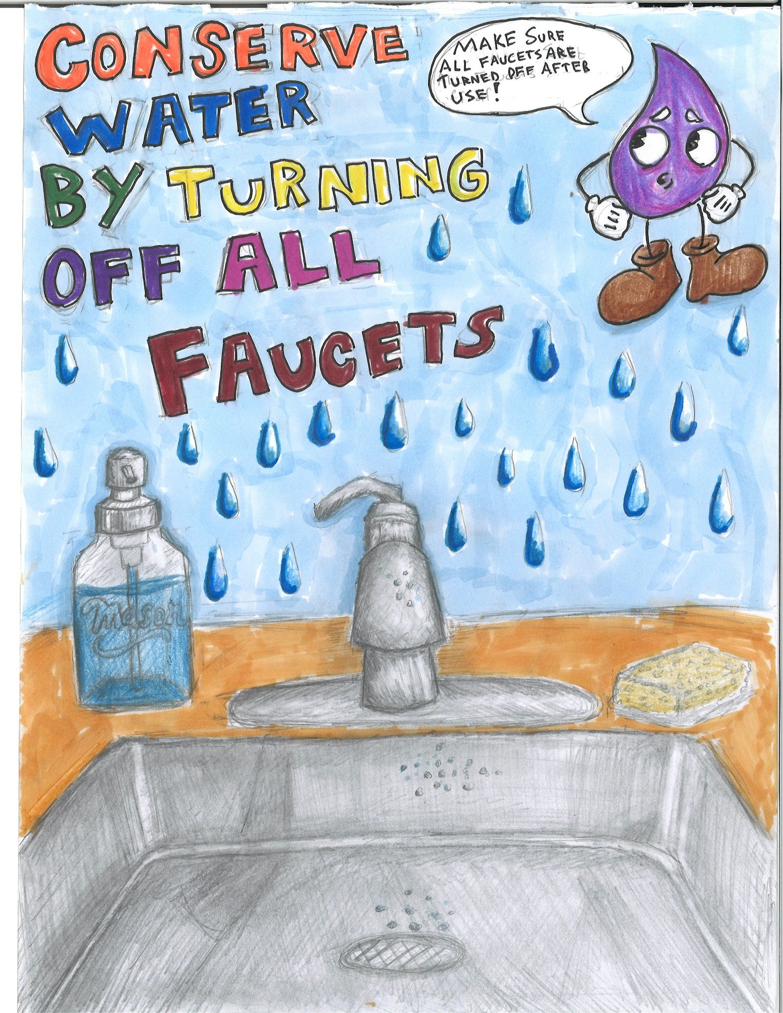 A colorful poster urging water conservation by turning off all faucets after use, featuring a cartoon water droplet.