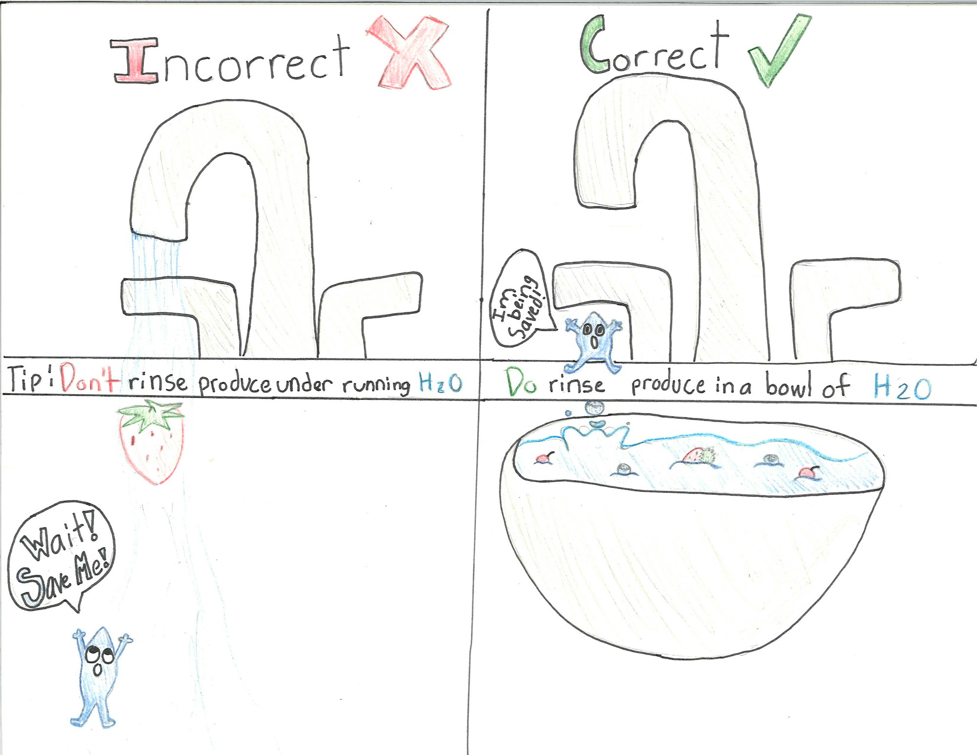 The image illustrates proper and improper methods for rinsing produce: don't use running water, but rinse in a bowl instead.