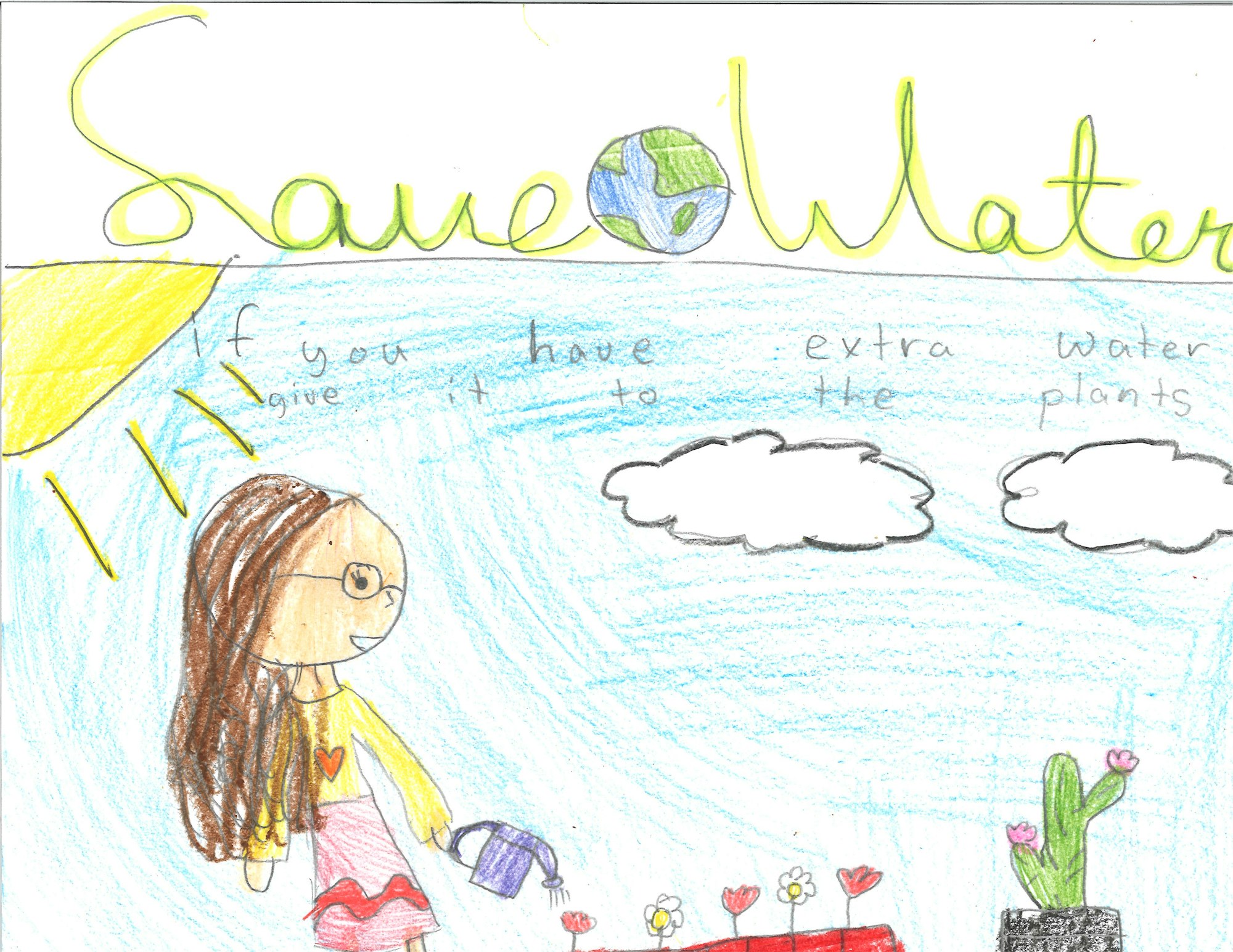 A colorful drawing promoting water conservation, featuring a girl watering plants with a message about saving water.