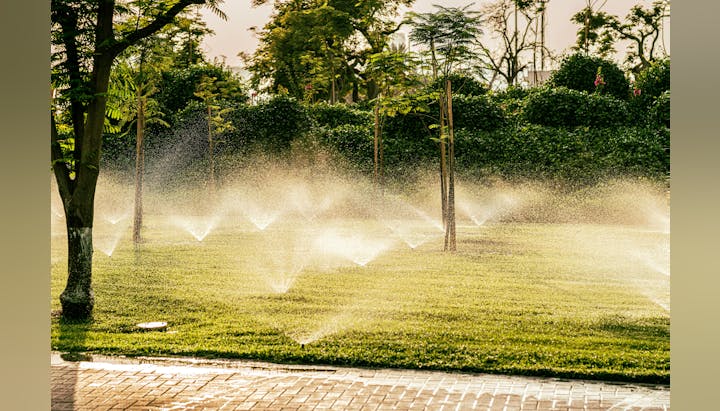 A lush green lawn is being watered by several sprinklers, creating a misty effect under soft sunlight. Trees are visible in the background.