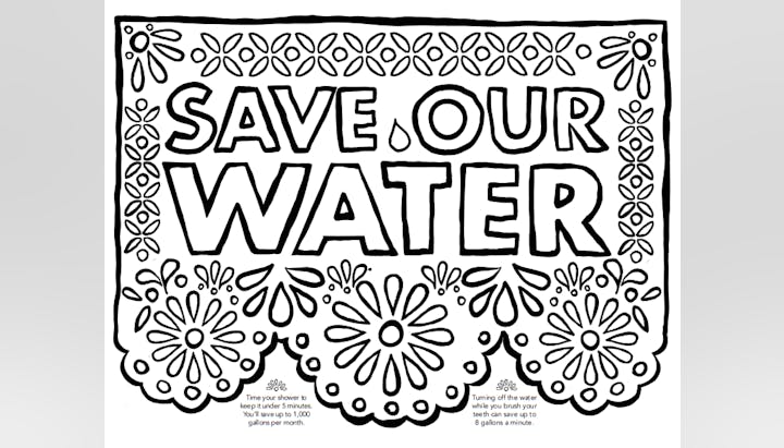 A black-and-white image featuring the text "SAVE OUR WATER" surrounded by floral designs, promoting water conservation.