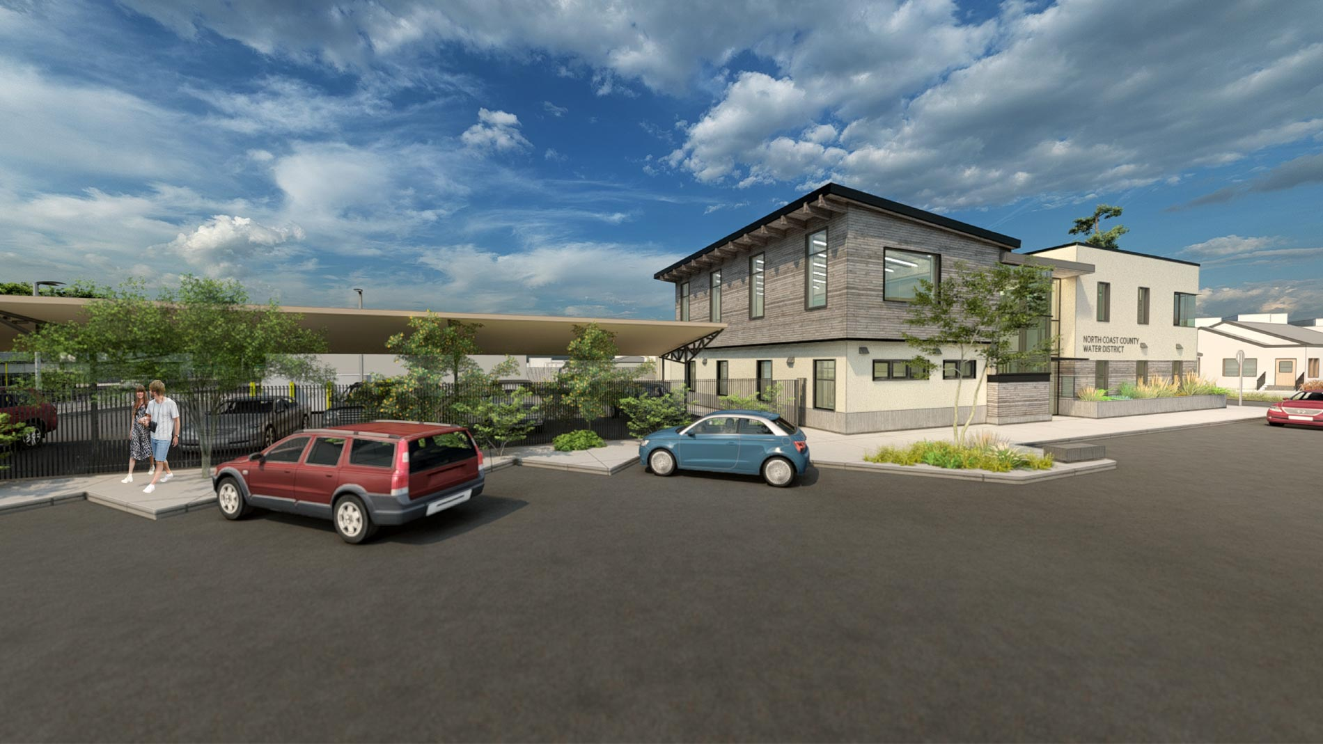 Building labeled "North Coast County Water District," cars, people walking, trees, under a blue sky with clouds.