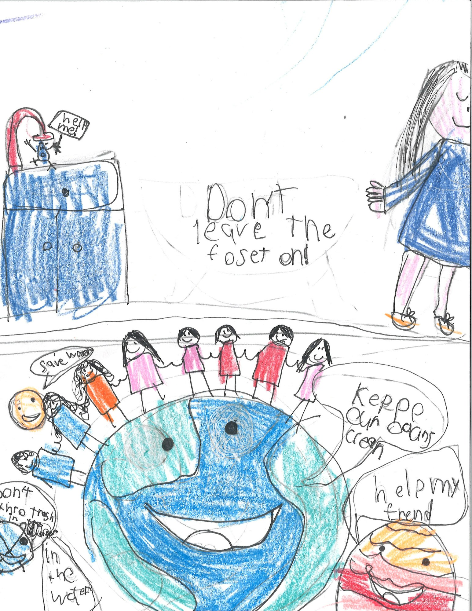A colorful drawing promoting water conservation and environmental protection, featuring a faucet with a “help me” sign and a smiling Earth.