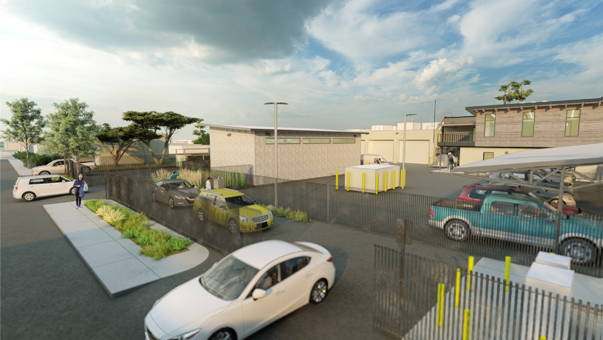 A parking lot with several cars, people walking, and nearby buildings. It features trees, a sidewalk, and a partly cloudy sky.
