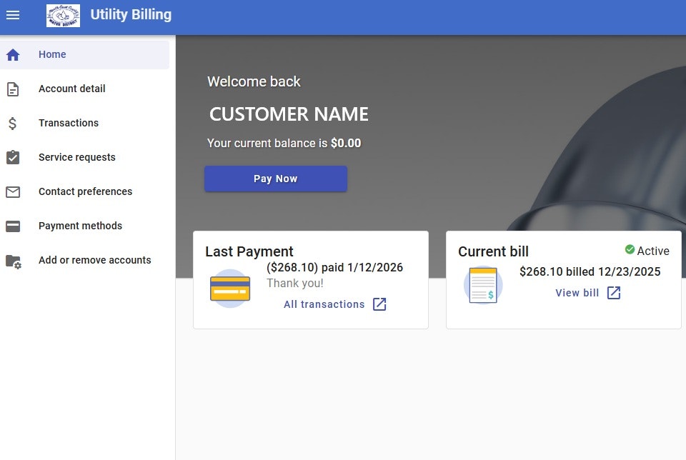 Utility billing dashboard showing a $0.00 balance, a last payment of $268.10, and an active current bill of $268.10 due 12/23/2025.