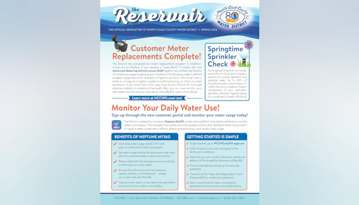The newsletter announces completed meter replacements and introduces the Neptune My360 platform for monitoring water usage.