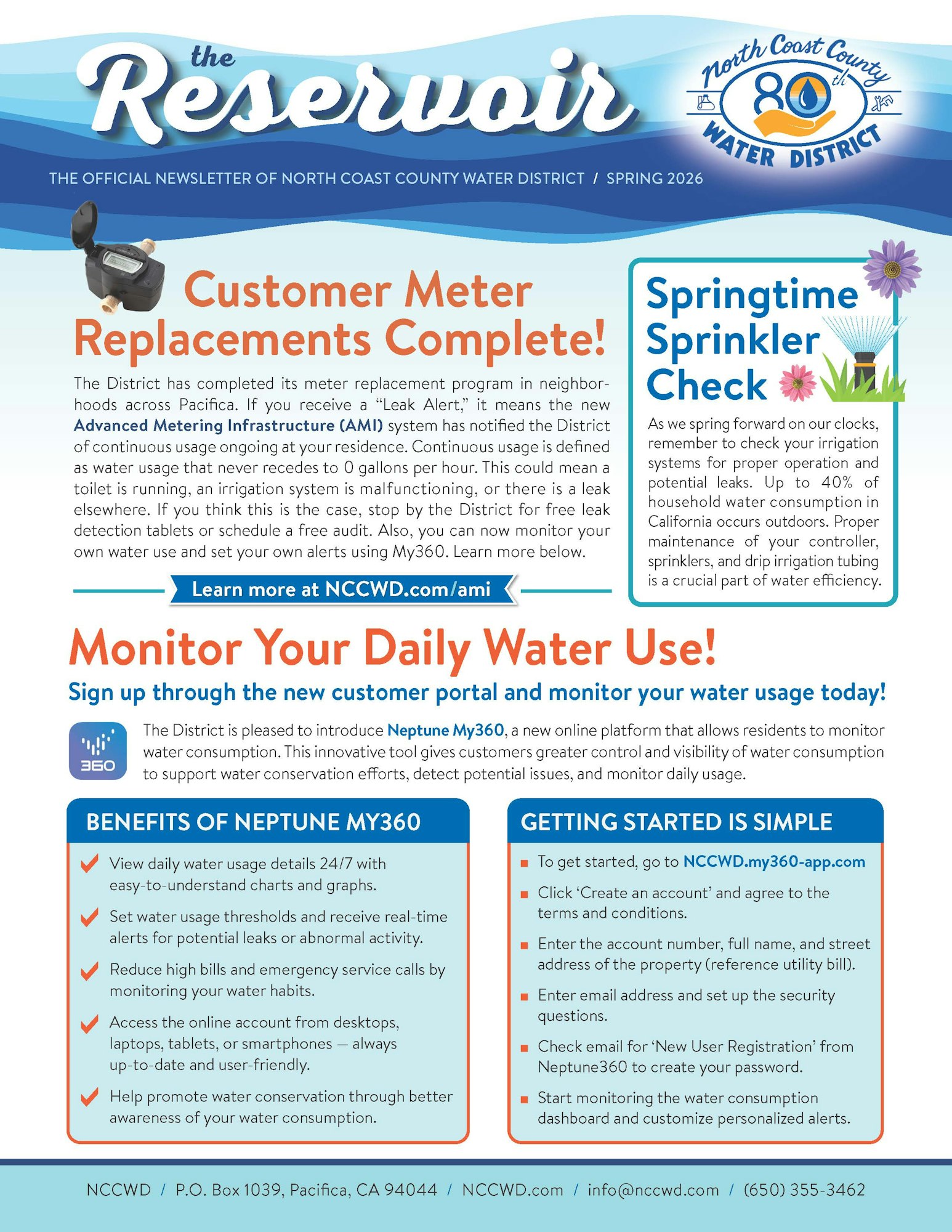 The newsletter announces completed meter replacements and introduces the Neptune My360 platform for monitoring water usage.