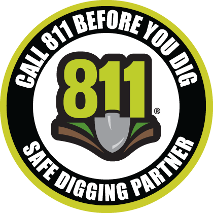 The image features a circular logo promoting the 811 service for safe digging, advising to call before starting any digging project.